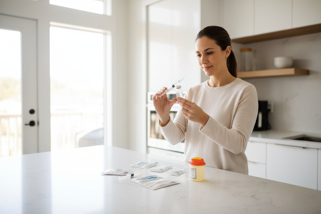 a woman in her kitchen with a syringe and a medical vial on the counter