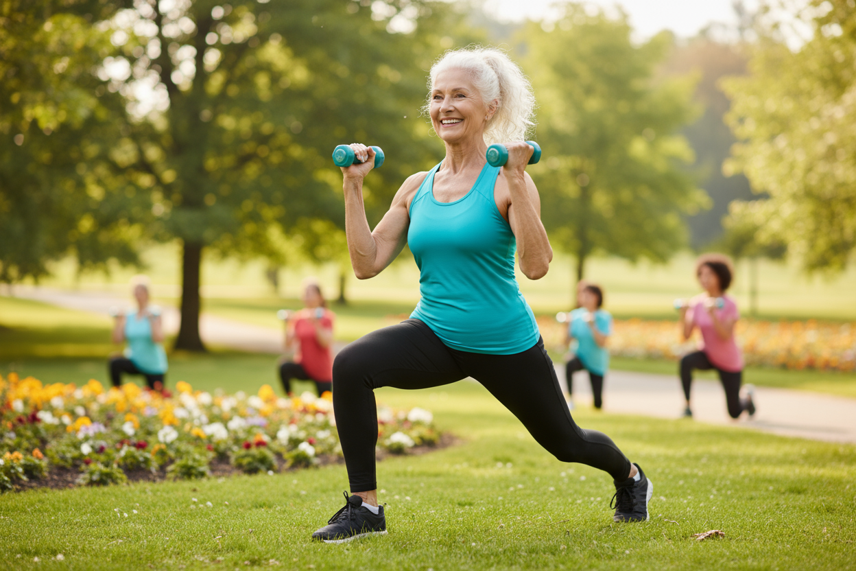 strong elderly person with a strong immune system exercising 
